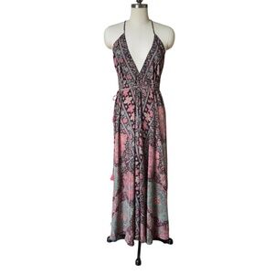 NWT Mamey Boho Hippie scarf Maxi Halter  Dress Low Beach Backless Size Large